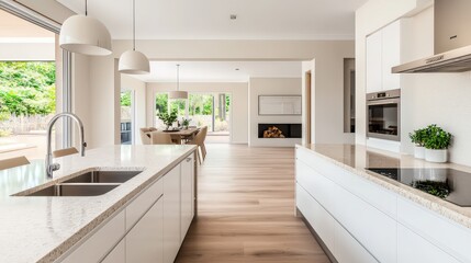 Fototapeta premium Modern Kitchen Island Granite Countertops Wooden Floors Open Plan Design Luxury Home Interior