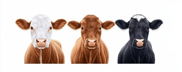 Fototapeta premium A trio of cow heads in various colors: white, brown, and black, showcasing their distinctive features and expressions against a white background.