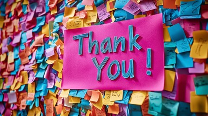 A vibrant collection of sticky notes surrounds a central bright pink note bearing the words 'Thank You!', emphasizing appreciation and gratitude.
