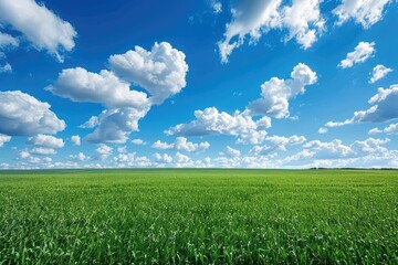 Obraz premium Green field with blue sky and clouds. Perfect for nature, landscape, and environmental themes.