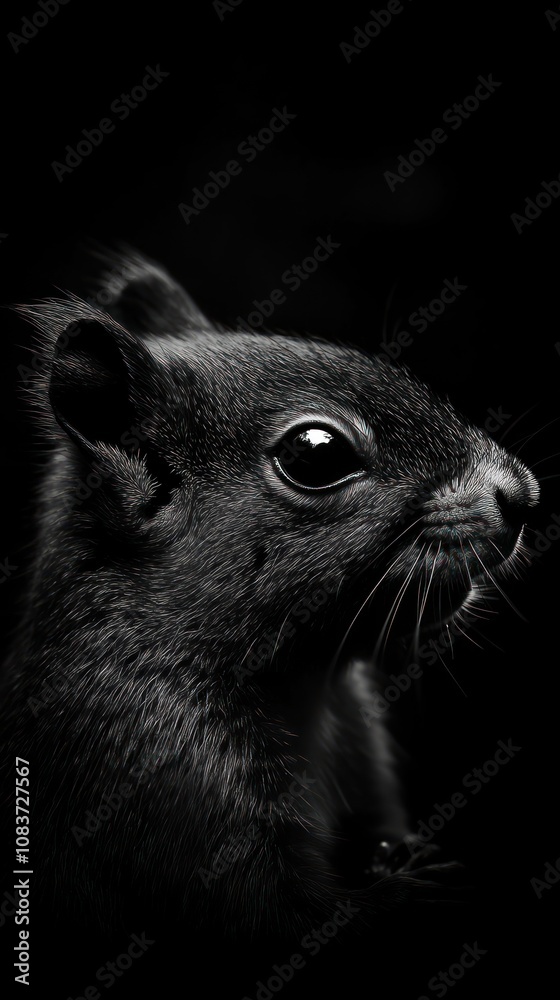 Poster a close-up profile of a black squirrel against a dark background, showcasing its features.