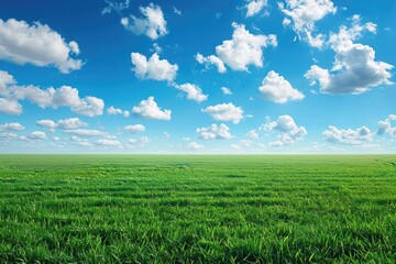 Obraz premium Green field with blue sky and clouds. Perfect for backgrounds, website designs, and travel brochures.
