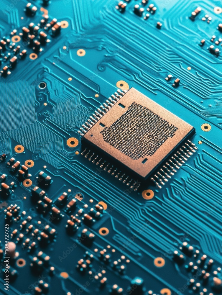 Poster a close-up highlights a microprocessor embedded in a circuit board with intricate gears, emphasizing