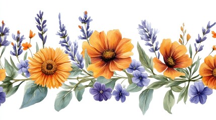 Obraz premium Watercolor Painting of Orange and Purple Flowers with Green Leaves