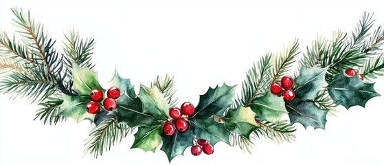 Watercolor Painting of Holly and Pine Sprigs