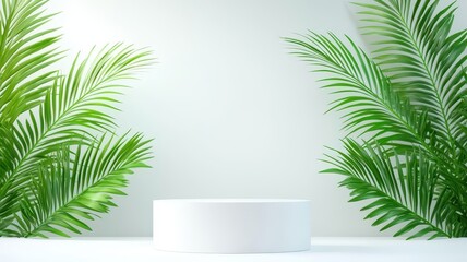 Obraz premium A minimalistic scene featuring vibrant green palm leaves framing a blank circular podium against a soft white background.