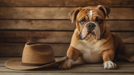 Bulldog puppy lying down near a straw hat on a wooden background