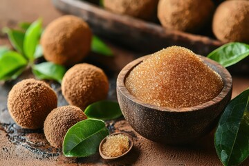 Monk Fruit: Nature's herbal remedy and sweet sugar substitute on brown background.