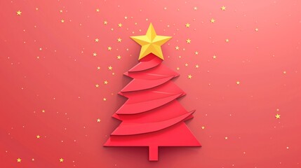 Graphic abstract design of a minimalistic Christmas tree with a golden star and scattered stars on a red background.