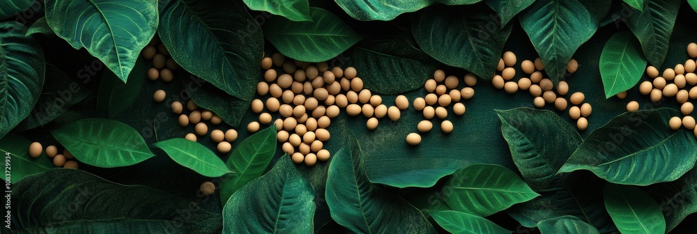 Poster soybeans are scattered across a rich tropical background of lush green leaves, creating a vibrant an