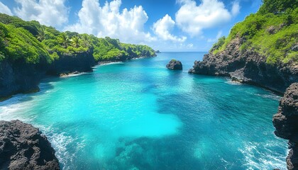 Fototapeta premium Hidden black sand beach surrounded by volcanic cliffs and azure water