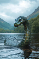 Naklejka premium A large green snake floating on top of a body of water