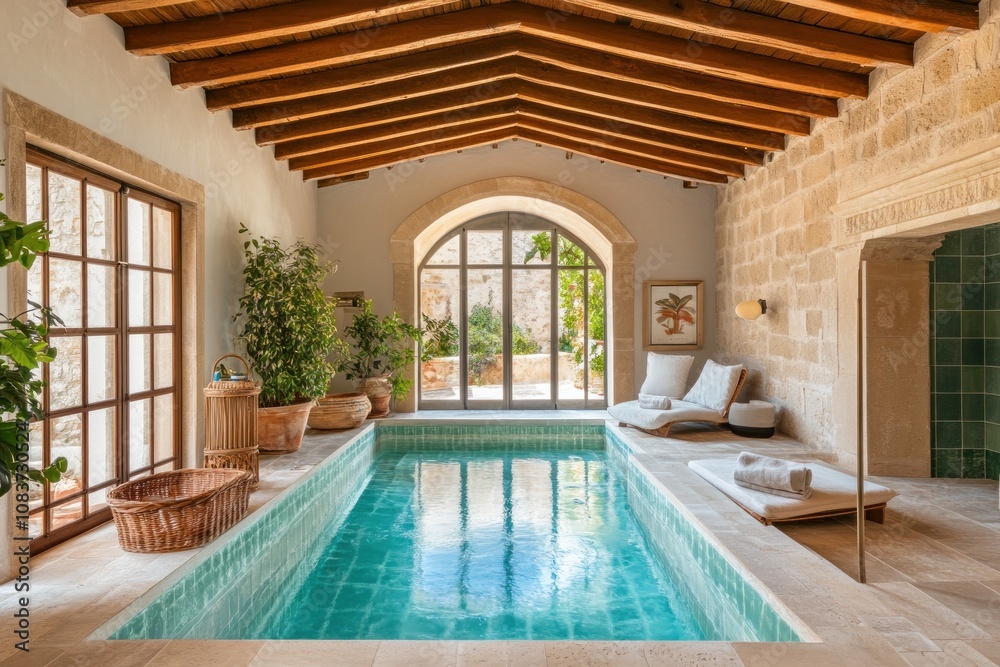 Poster a serene indoor pool area with natural light and a relaxing atmosphere.