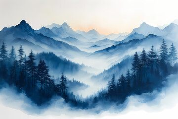 Obraz premium Matte Painting gouache in blue and grey colours, painting on white background of mountains in early modern impressionism