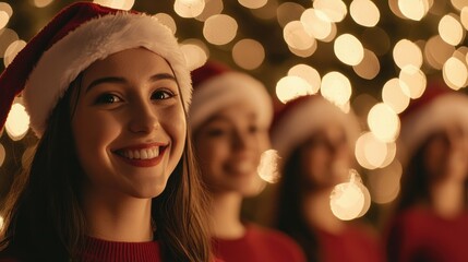 Fototapeta premium A joyful girl wearing a Santa hat smiles warmly, surrounded by softly glowing Christmas lights, embodying festive cheer and holiday spirit.
