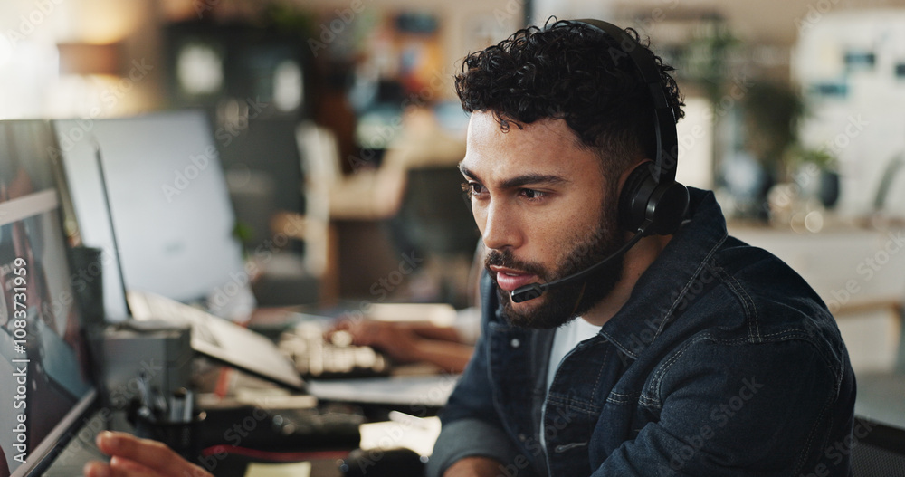 Fototapete businessman, tech support or headphones with computer at call center for web navigation or technical