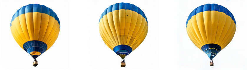 Naklejka premium Three hot air balloons, yellow with blue stripes, floating in the air against a white background.