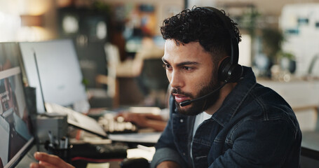 Businessman, tech support or headphones with computer at call center for web navigation or...