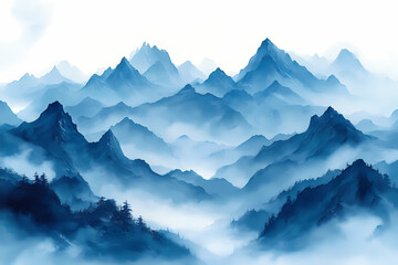 Fototapeta premium Matte Painting gouache in blue and grey colours, painting on white background of mountains in early modern impressionism