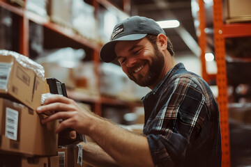 Smiling warehouse worker scanning a package, camera-facing in organized setting