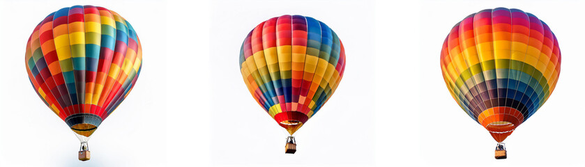Fototapeta premium Three colorful hot air balloons are lined up against a white background.