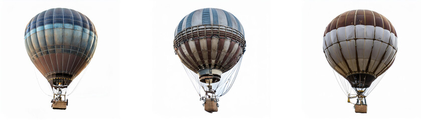 Three hot air balloons are floating in the sky against a white background.