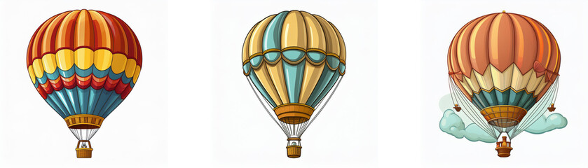 Fototapeta premium Three colorful hot air balloons, one ascending through clouds.
