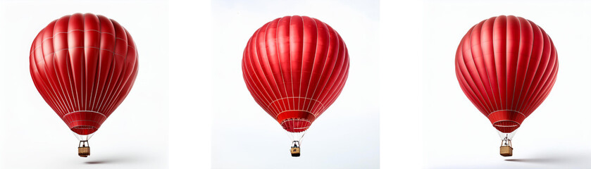 Fototapeta premium Three red hot air balloons with wicker baskets are floating on a white background.