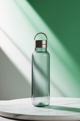 Glass reusable water bottle is standing on white marble surface with green background and beautiful shadows.