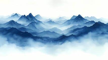 Obraz premium Matte Painting gouache in blue and grey colours, painting on white background of mountains in early modern impressionism