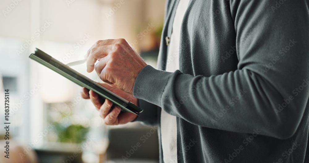 Poster hands, tablet and businessman for research, web design and digital transformation in company. male p