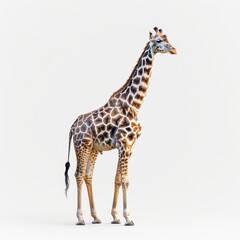 Naklejka premium A majestic giraffe stands tall against a plain background, showcasing its unique spots and graceful posture, This image can be used for educational materials, wildlife conservation