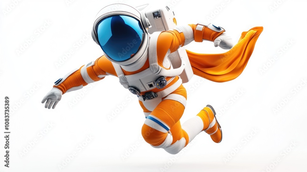 Poster a stylized astronaut in an orange suit with a cape, appearing dynamic and playful.