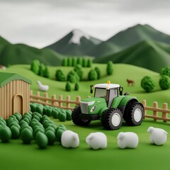 Idyllic Farm Scene Green Tractor Sheep Crops Rural Landscape