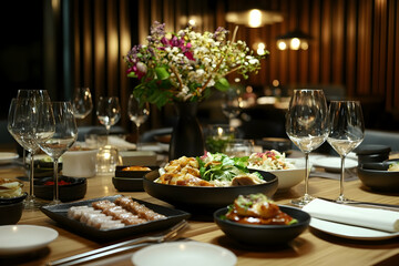 Fototapeta premium Stylishly decorated dining table with a variety of dishes, perfect for a gathering