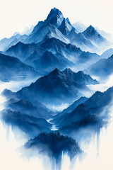 Fototapeta premium Matte Painting gouache in blue and grey colours, painting on white background of mountains in early modern impressionism