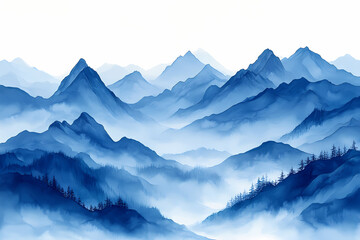 Obraz premium Matte Painting gouache in blue and grey colours, painting on white background of mountains in early modern impressionism