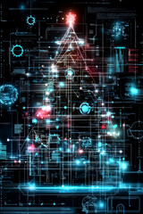 Naklejka premium Christmas, digital art christmas tree on technology background with light, digital christmas tree background,xmas banner,