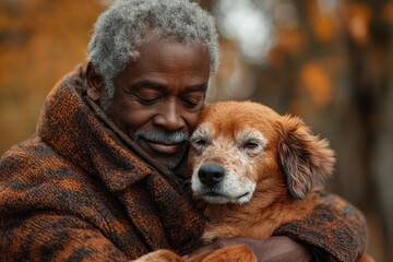 Senior man with gray hair in a brown jacket holds his senior dog, a brown and white golden retriever, in his arms in a park with fall foliage.