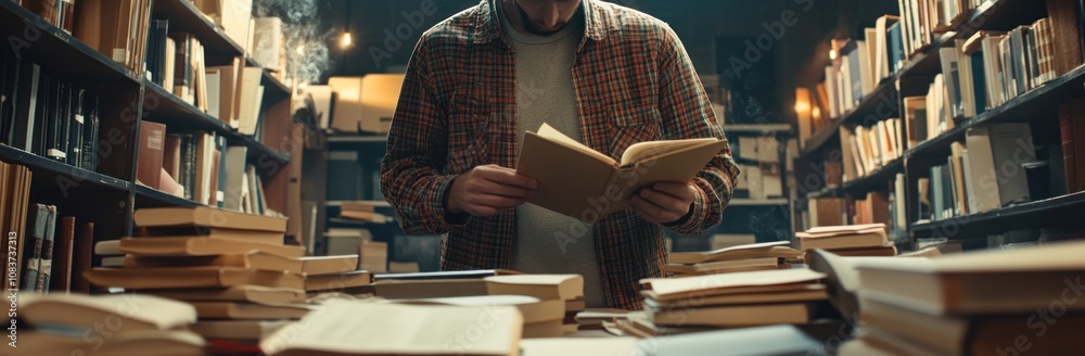 Poster a person reading a book in a cozy library filled with stacked books.
