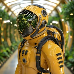 Futuristic Yellow Astronaut Suit in Biodome Sci fi Exploration
