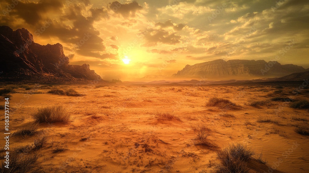 Poster a desert landscape with a sun setting in the background