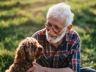 Old man enjoys time with his pet dog outdoors