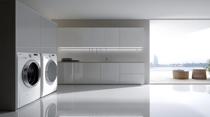 Modern Laundry Room with White Appliances and a View