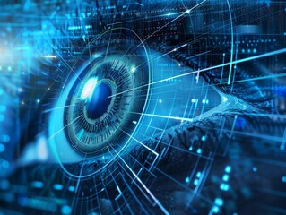 High-tech close-up of an eye with digital elements