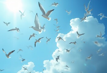 Obraz premium Flock of seagulls flying in a cloudy sky