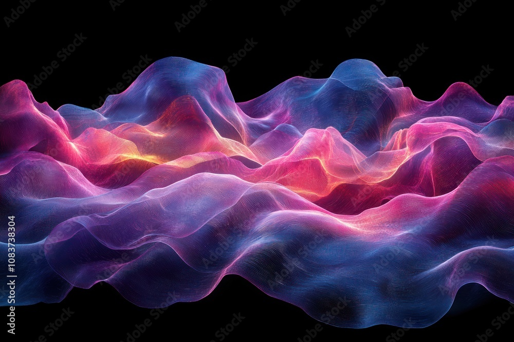 Poster abstract neon wavy lines and grids against a black background