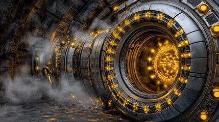 Fototapeta premium Futuristic Sci Fi Machine Steam Glowing Metal Technology Abstract Background