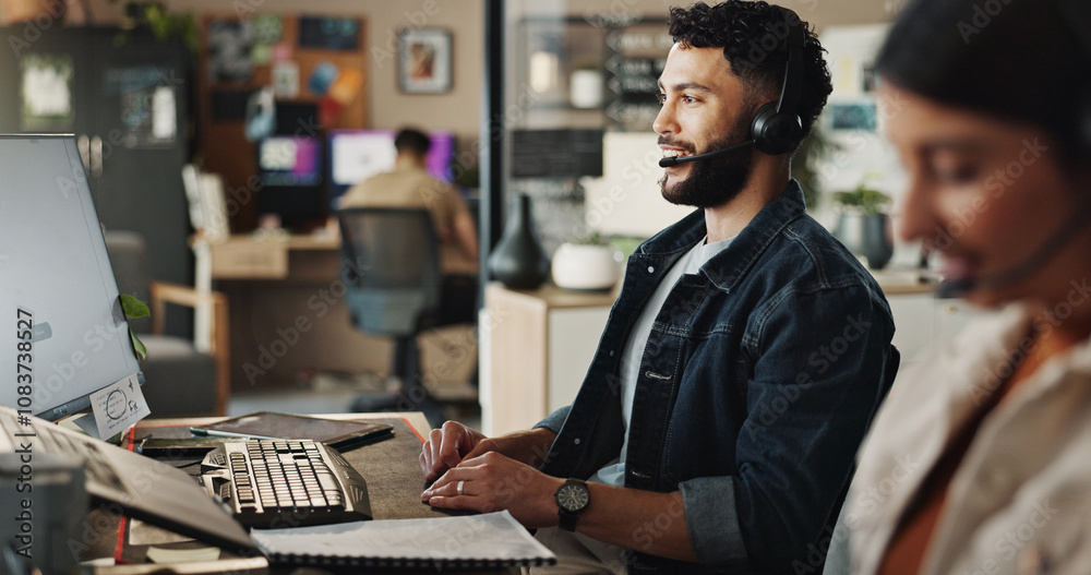 Poster happy man, consultant or tech support with headphones at call center for web navigation or technical