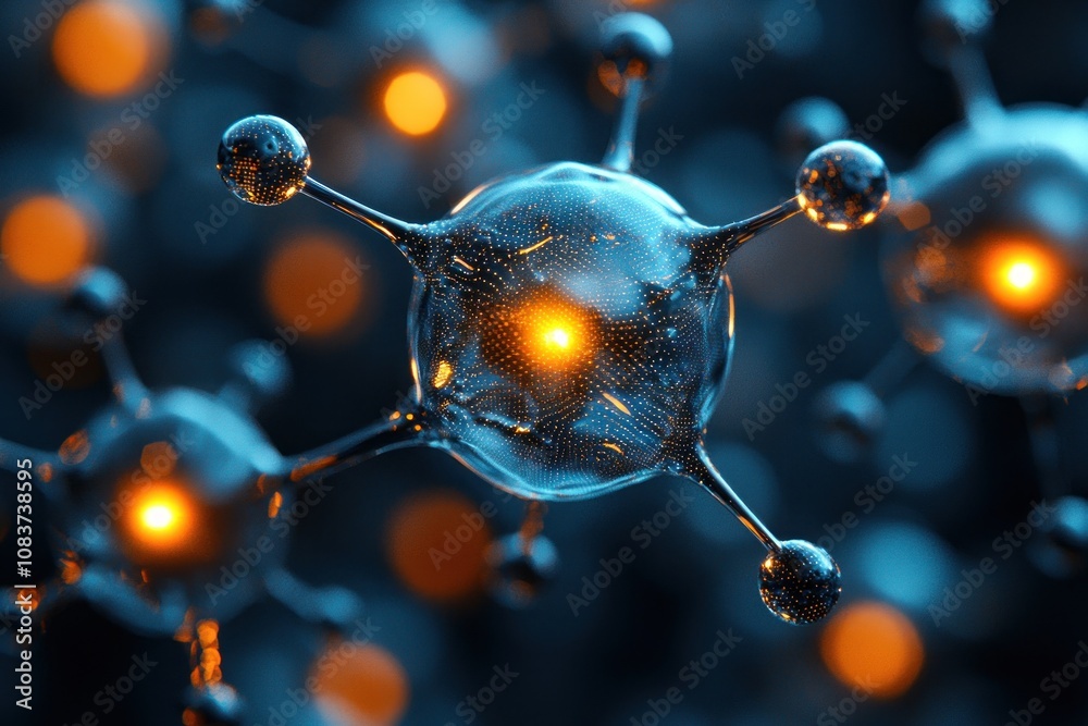 Poster abstract 3d molecular structure with glowing interior and out-of-focus lights